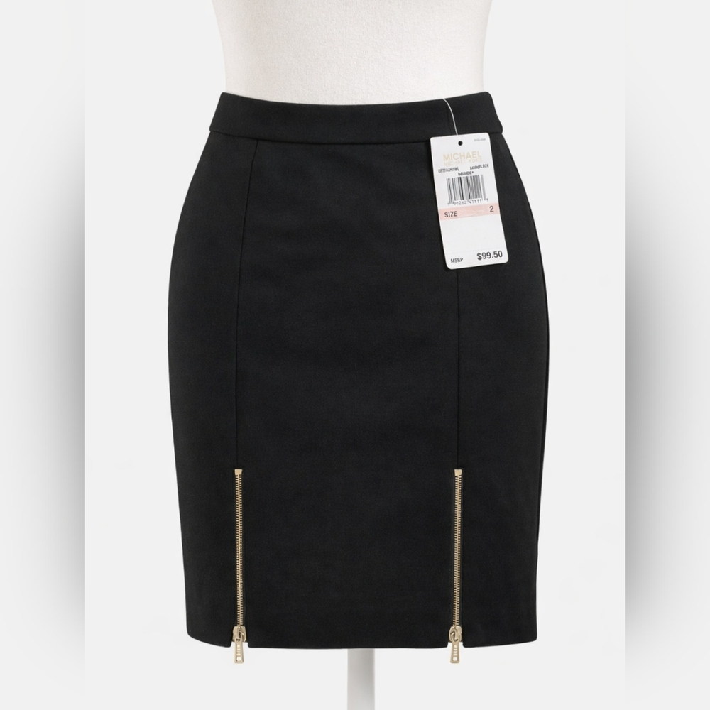 Michael Kors Elegant Black Pencil Skirt with Gold Zippers